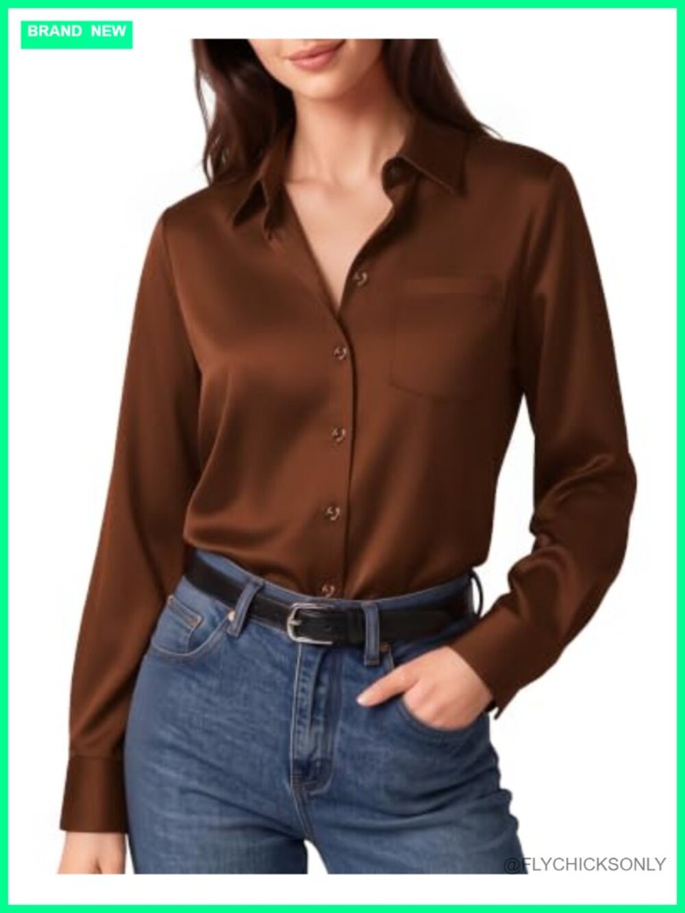 Satin Long Sleeve Button Down Blouse V Neck Collared Top